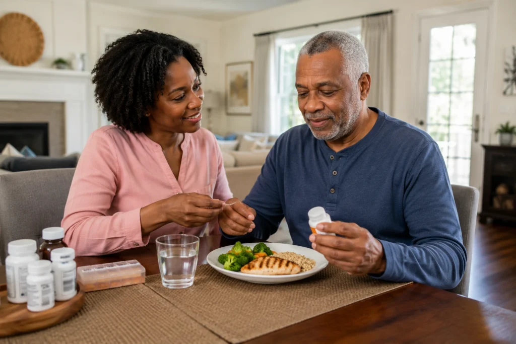 Family caregiver helping a patient recover after surgery at home