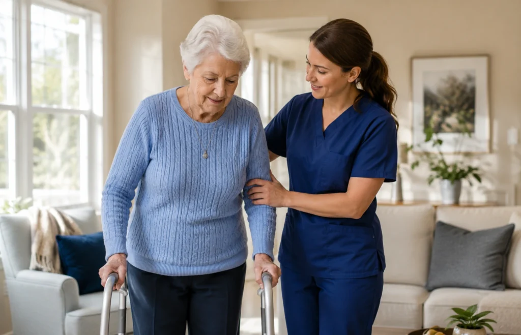 Certified home health aide helping a patient recover safely after surgery
