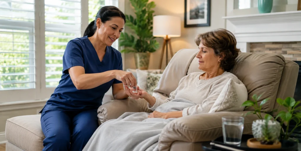 Home help after surgery with a caregiver assisting a patient at home