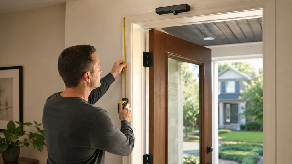 Homeowner checking door size and mounting space for an automatic door opener