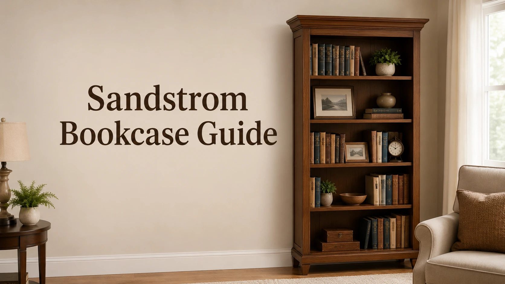 Beachcrest Home Sandstrom Standard Bookcase in a traditional living room