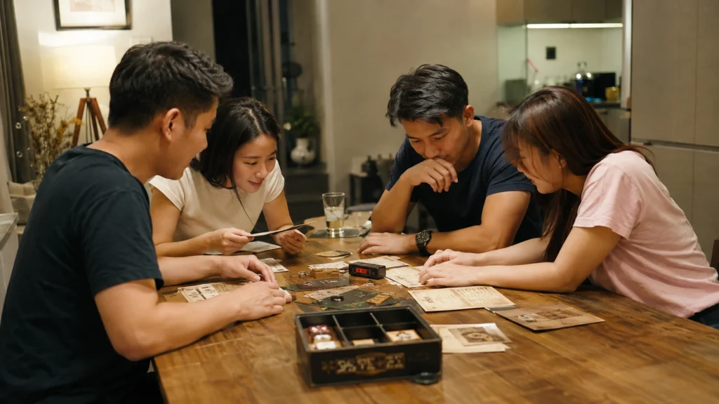 Friends playing escape room board games at home