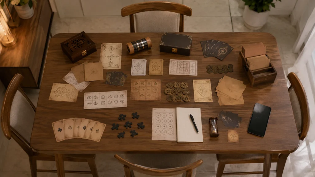 Home escape room game setup with clues and puzzle cards