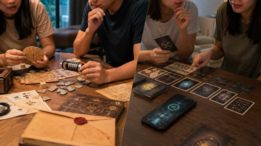 Physical and app assisted escape room board game gameplay