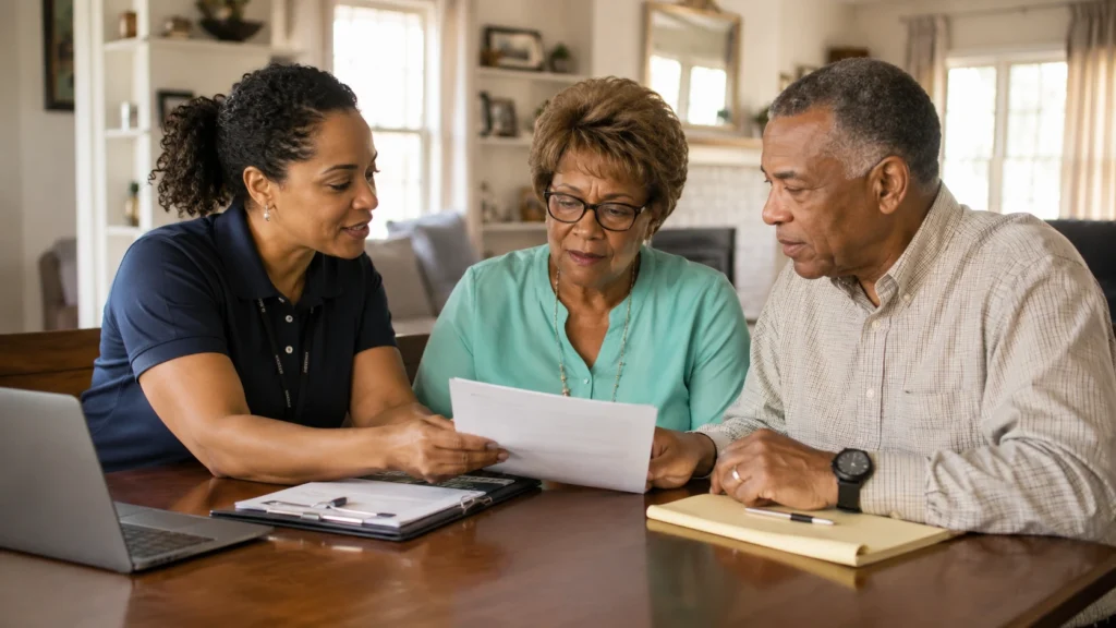 Professional caregiver discussing home help employment and salary in the USA.