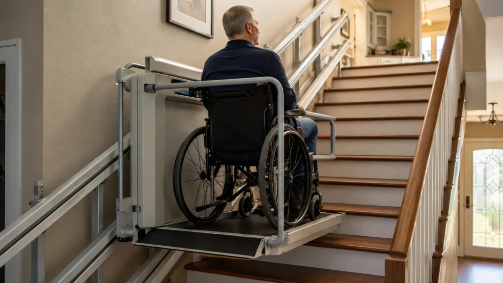 Wheelchair platform stair lift traveling along a home staircase
