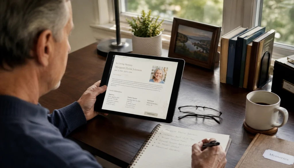 Person using a tablet to find an obituary online with funeral service information.