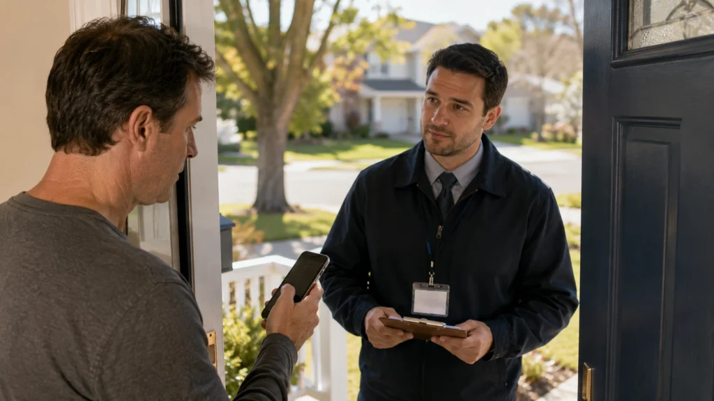 Taxpayer verifying a person claiming to be an IRS agent at the door