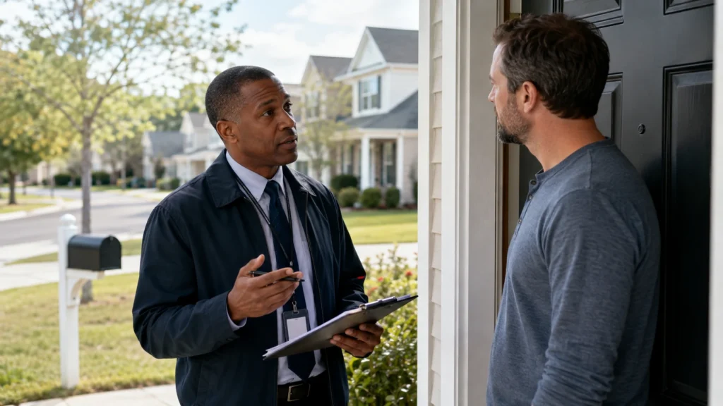 IRS Revenue Officer speaking with a taxpayer at a suburban home