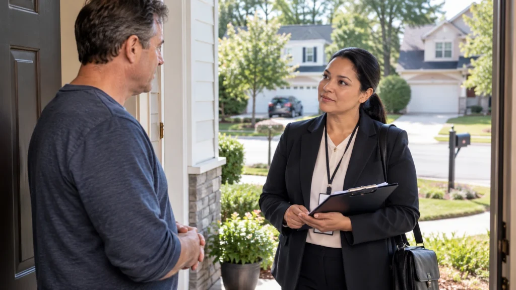 IRS Revenue Officer speaking with a taxpayer at a U.S. home