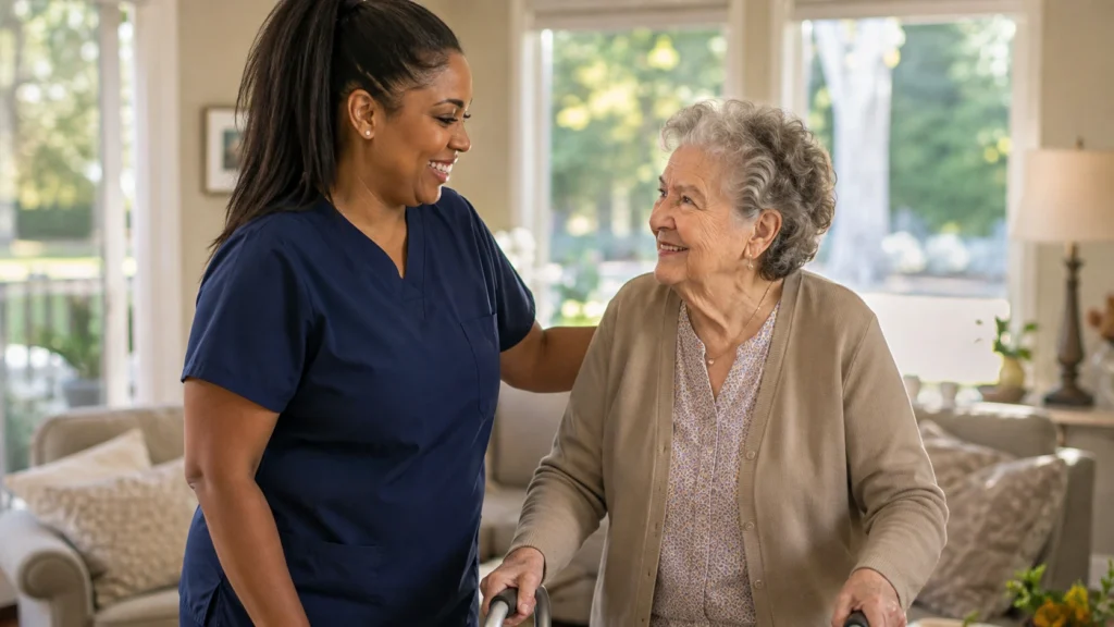 Home helper assisting an elderly woman in a modern American home in the USA.