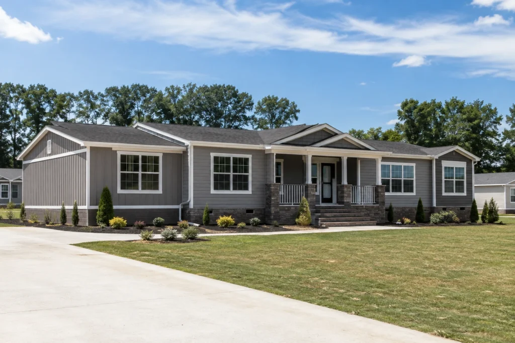 Modern triple wide manufactured home on a U.S. homesite