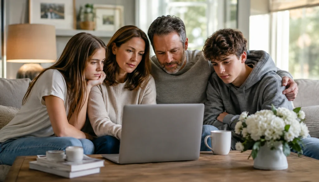 Family reading an online memorial page and obituary together at home.