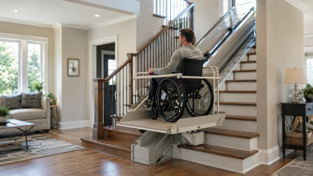 Platform stair lift for home carrying a wheelchair user