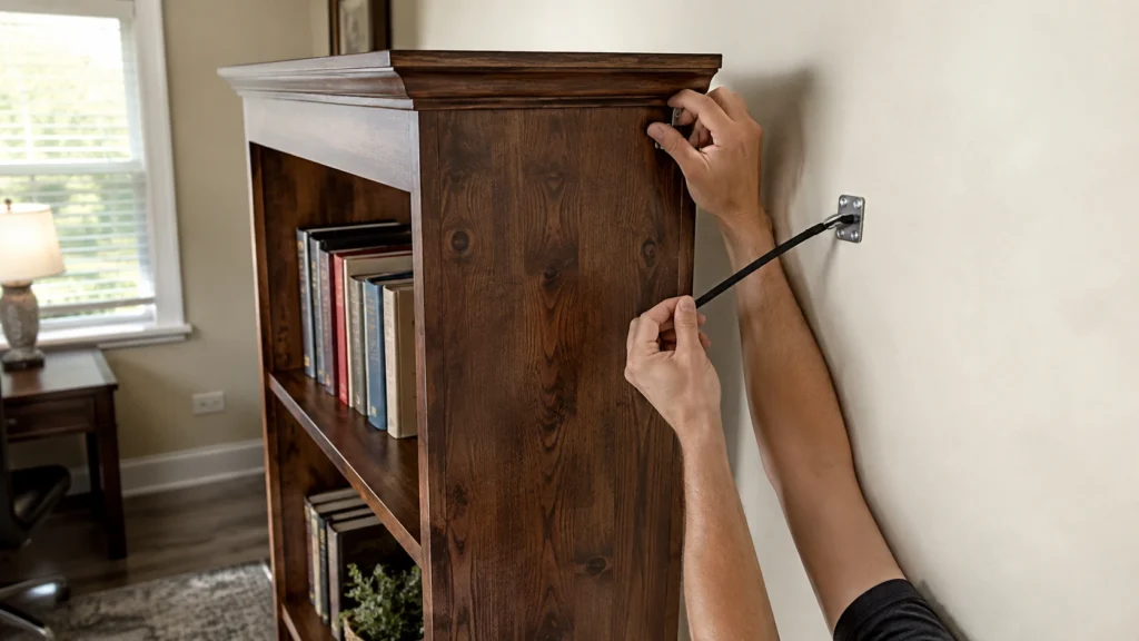Sandstrom-style bookcase secured to wall with anti-tip restraint