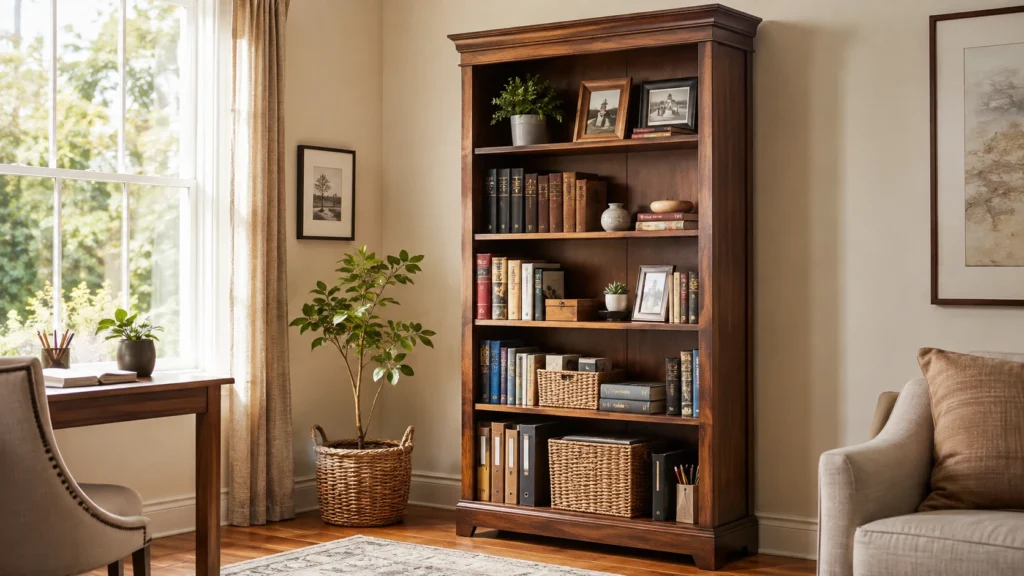 Sandstrom bookcase shelves with books and decorative storage
