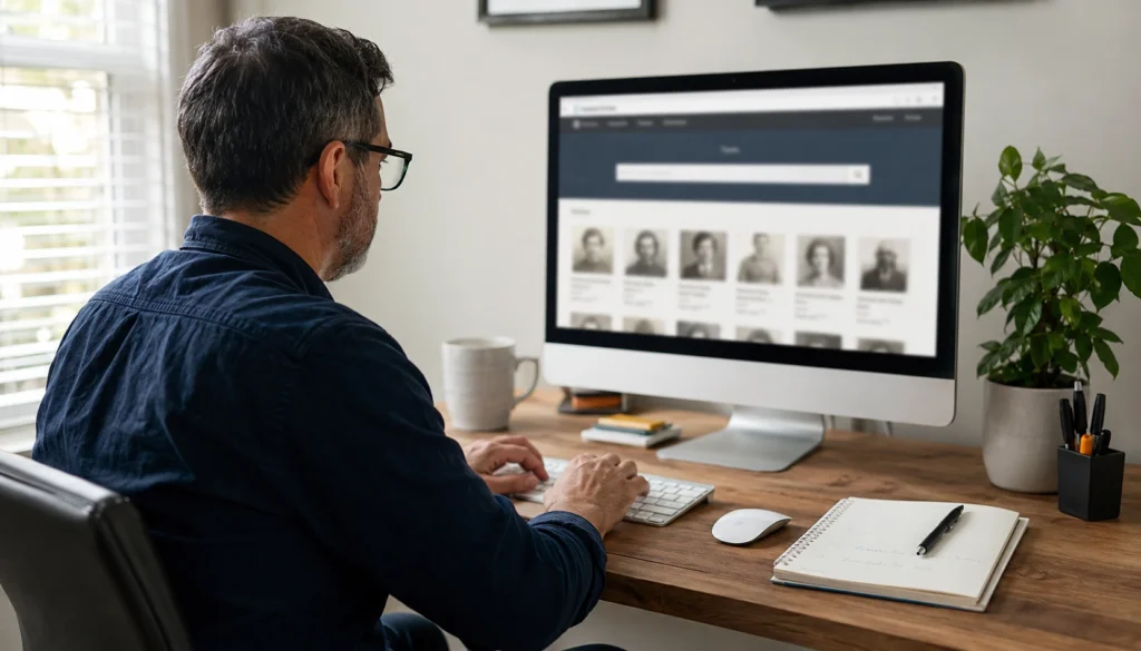 Person searching archived Leeside Funeral Home obituaries on a desktop computer.