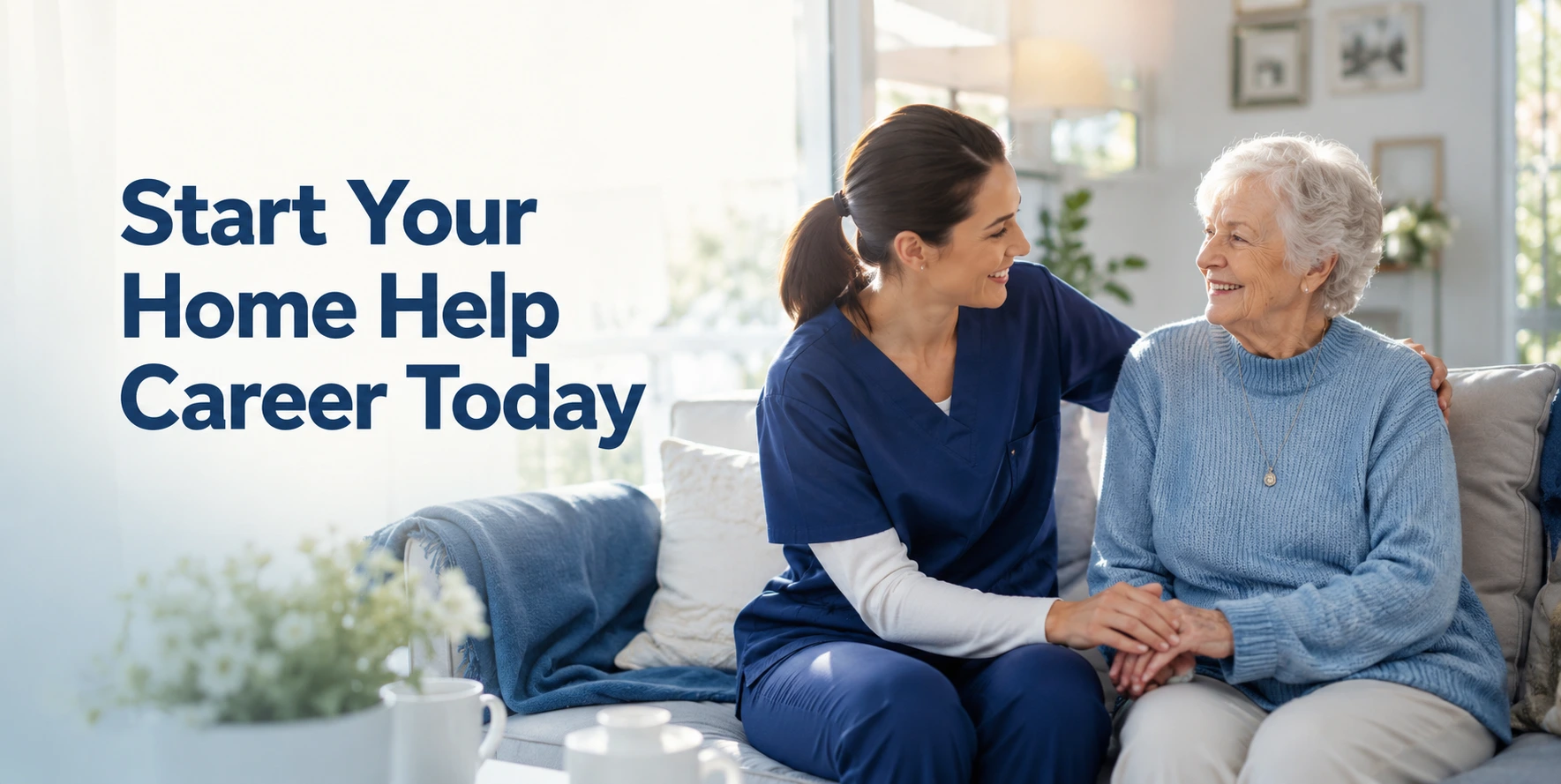 Professional home helper assisting an elderly woman in a modern American home with the text Start Your Home Help Career Today.