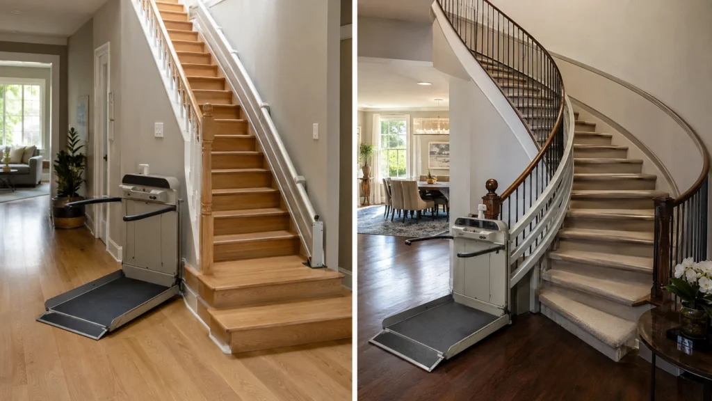 Straight and curved platform stair lift installations in homes