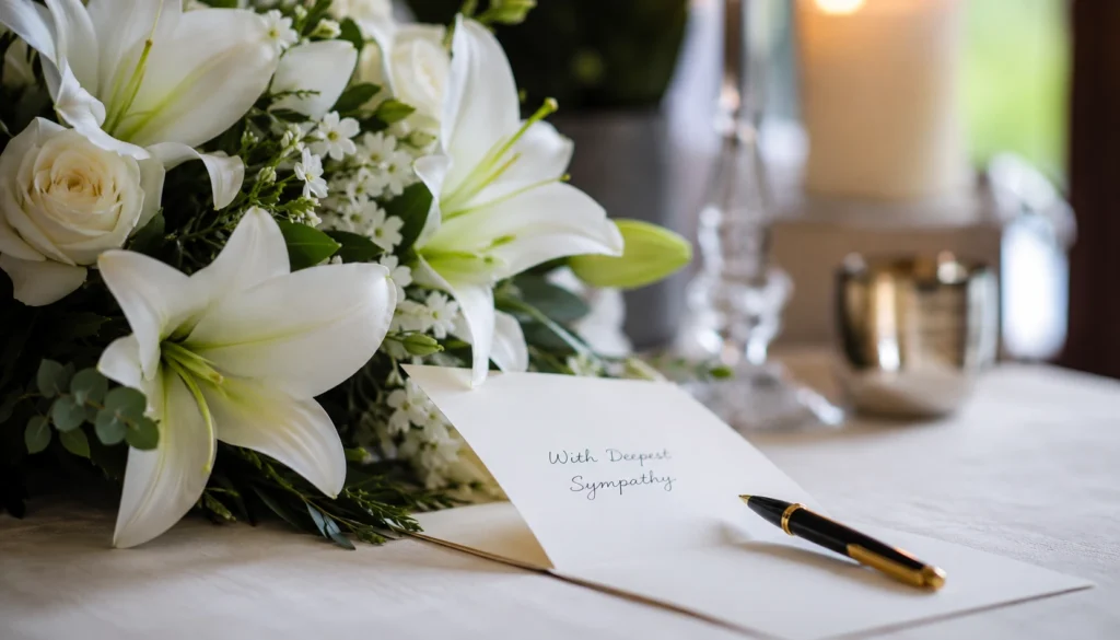 Sympathy flowers with a condolence card placed beside a memorial arrangement.