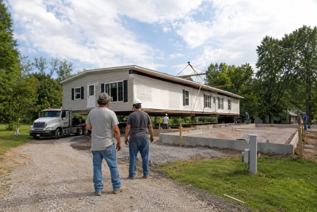 Triple wide manufactured home being installed on a prepared U.S. homesite