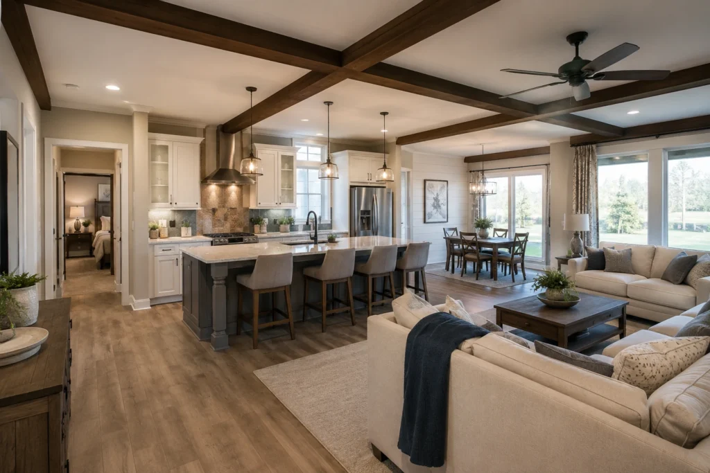 Open concept interior of a triple wide manufactured home