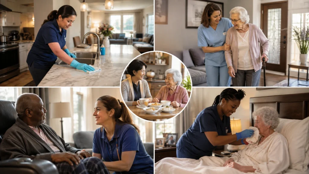 Different types of home help jobs including caregivers, housekeepers, and home health aides.
