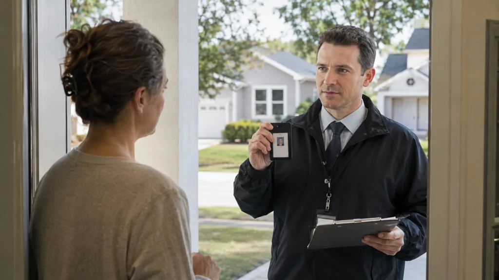 Taxpayer checking identification of an IRS Revenue Officer at the door